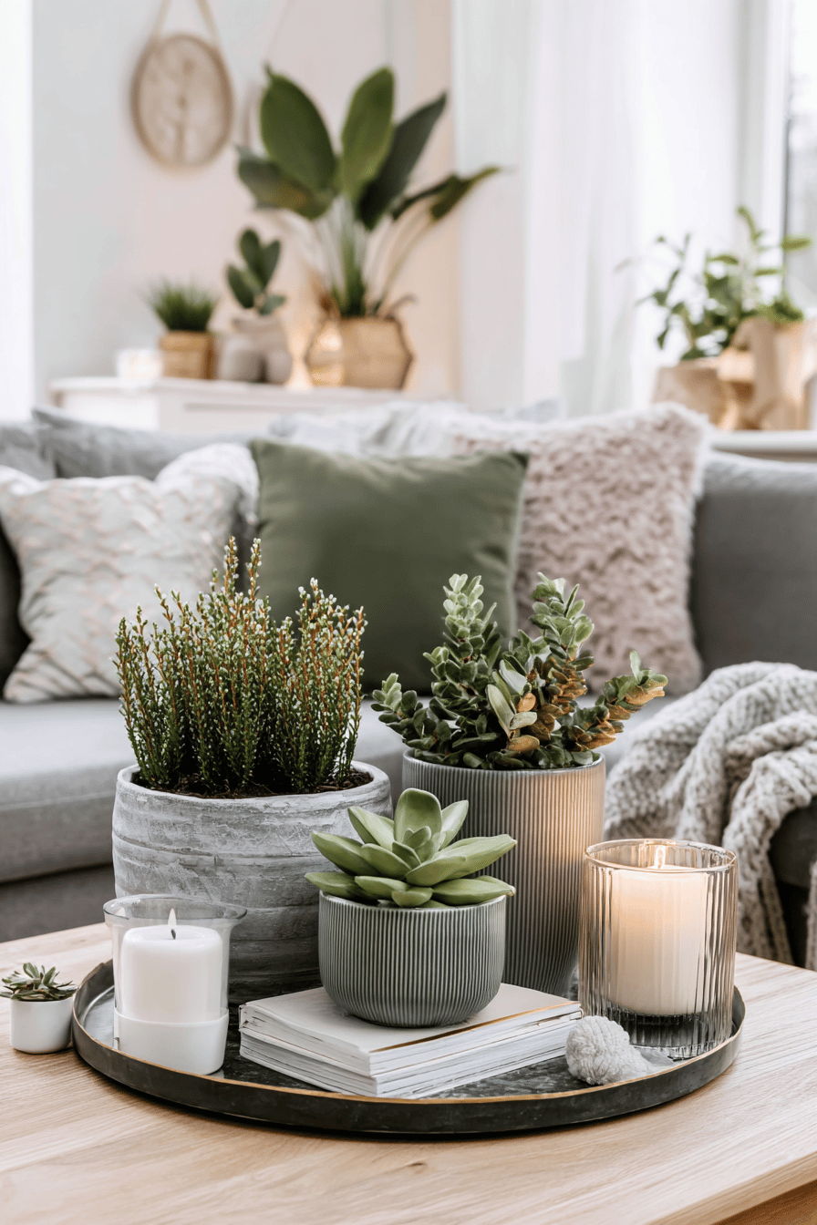 Wohnzimmer mit Heidepflanzen in dekorativen Töpfen, Kerzen und Kissen.
