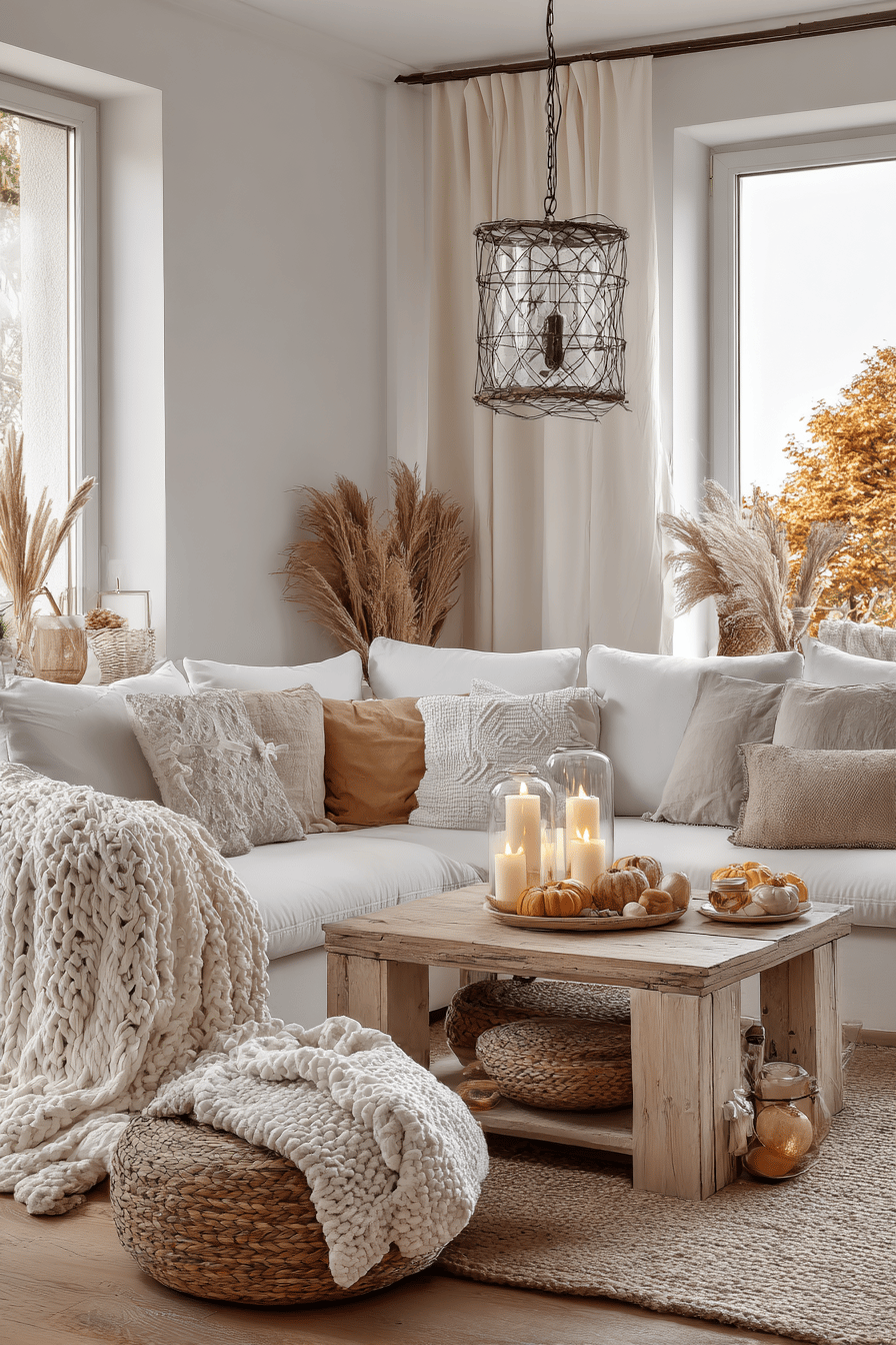 Ein stilvoll dekoriertes Wohnzimmer im Herbst mit Naturmaterialien, Kürbissen und Kerzen.