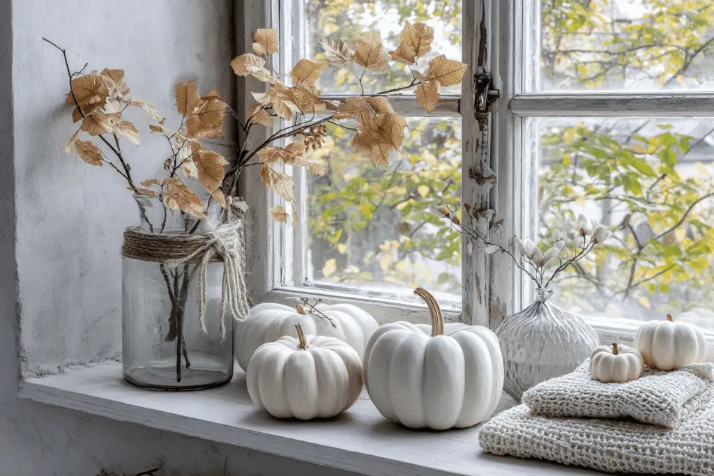 Herbstliche Fensterbank Deko mit Kürbissen und Zweigen.