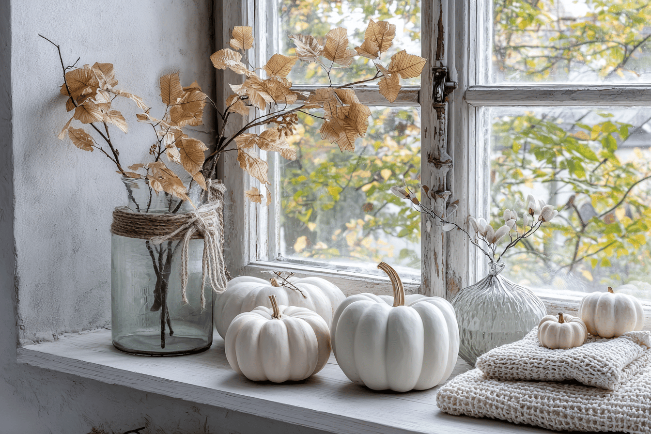 Herbstliche Fensterbank Deko mit Kürbissen und Zweigen.