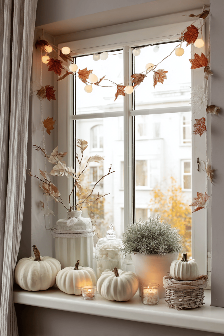 Ein Fenster dekoriert mit Lichterketten und Herbstblättern.