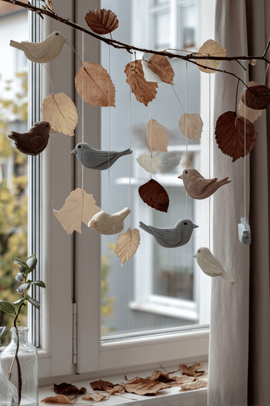 Vögel und Blätter aus Tonpapier hängen vor einem Fenster.