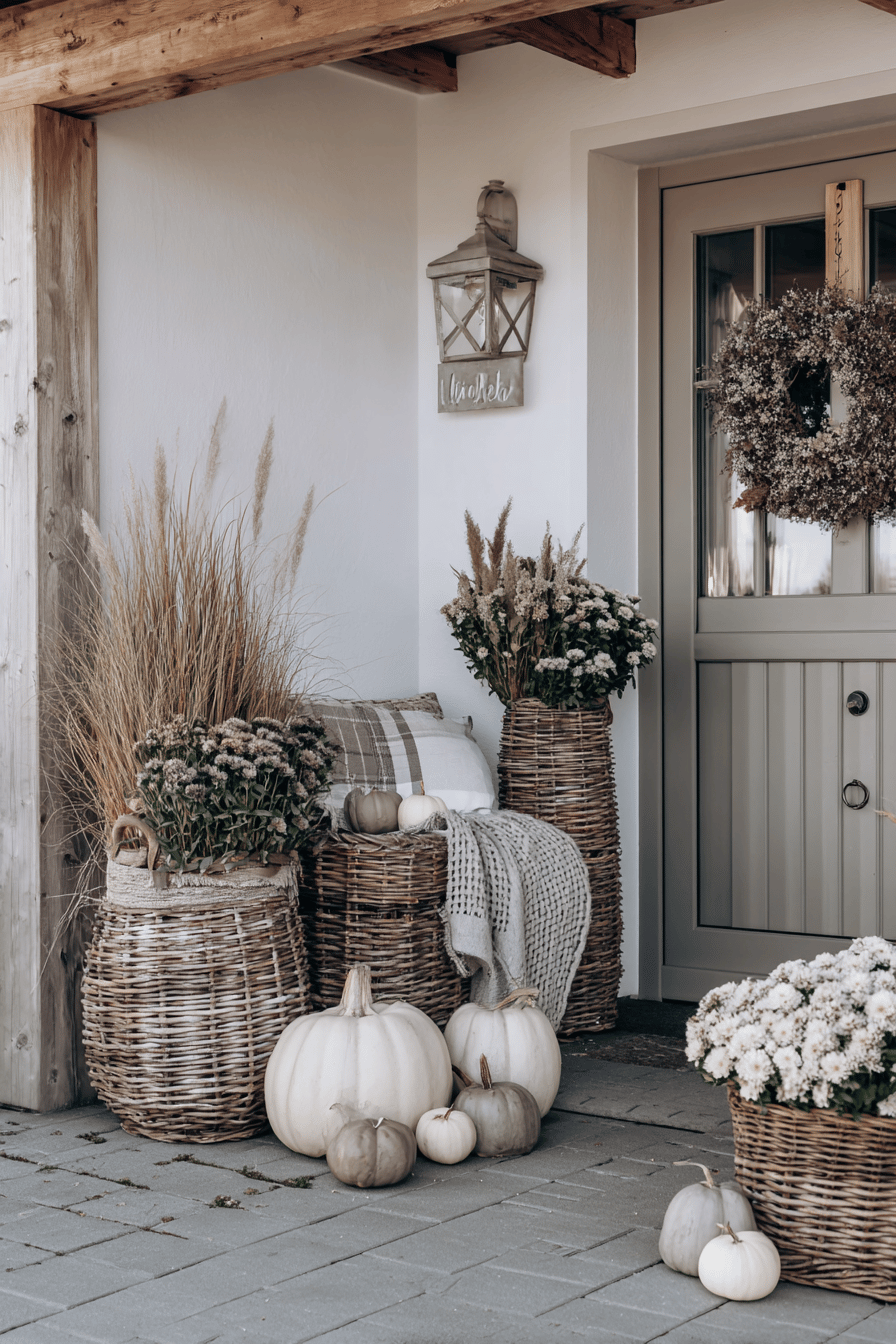 Ein herbstlich dekorierter Hauseingang mit Körben, Kürbissen und einem Kranz.