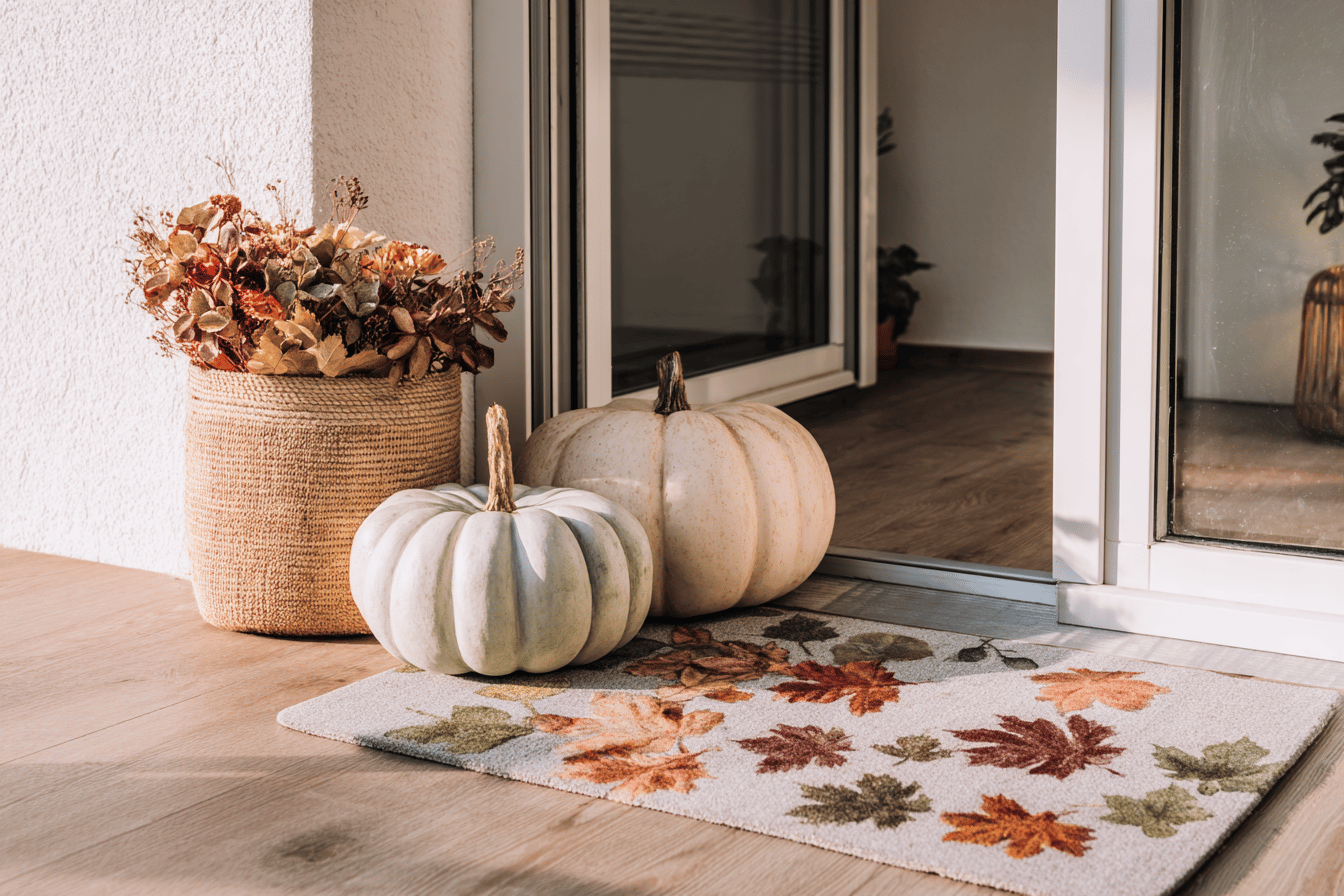 Herbstdekoration mit Kürbissen und Blättern vor Eingangstür.