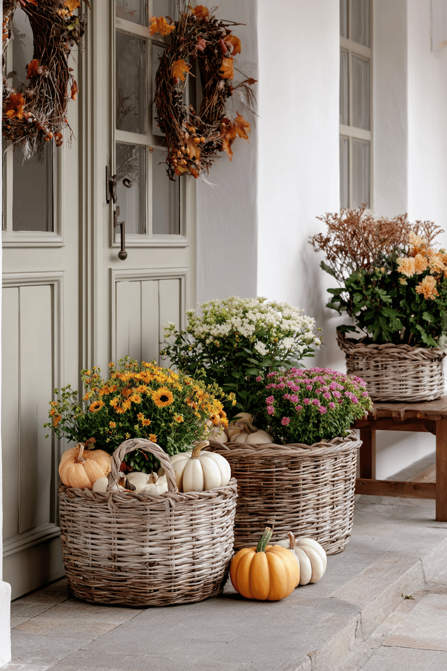 Hauseingang mit dekorativen Erntekörben, gefüllt mit Kürbissen und Herbstblumen.