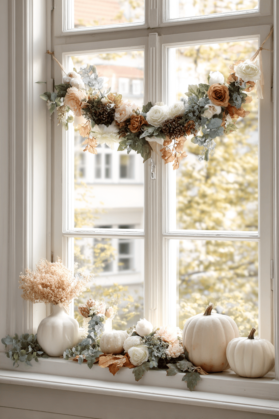 Fensterrahmen mit herbstlicher Dekoration aus Blumen und Kürbissen.