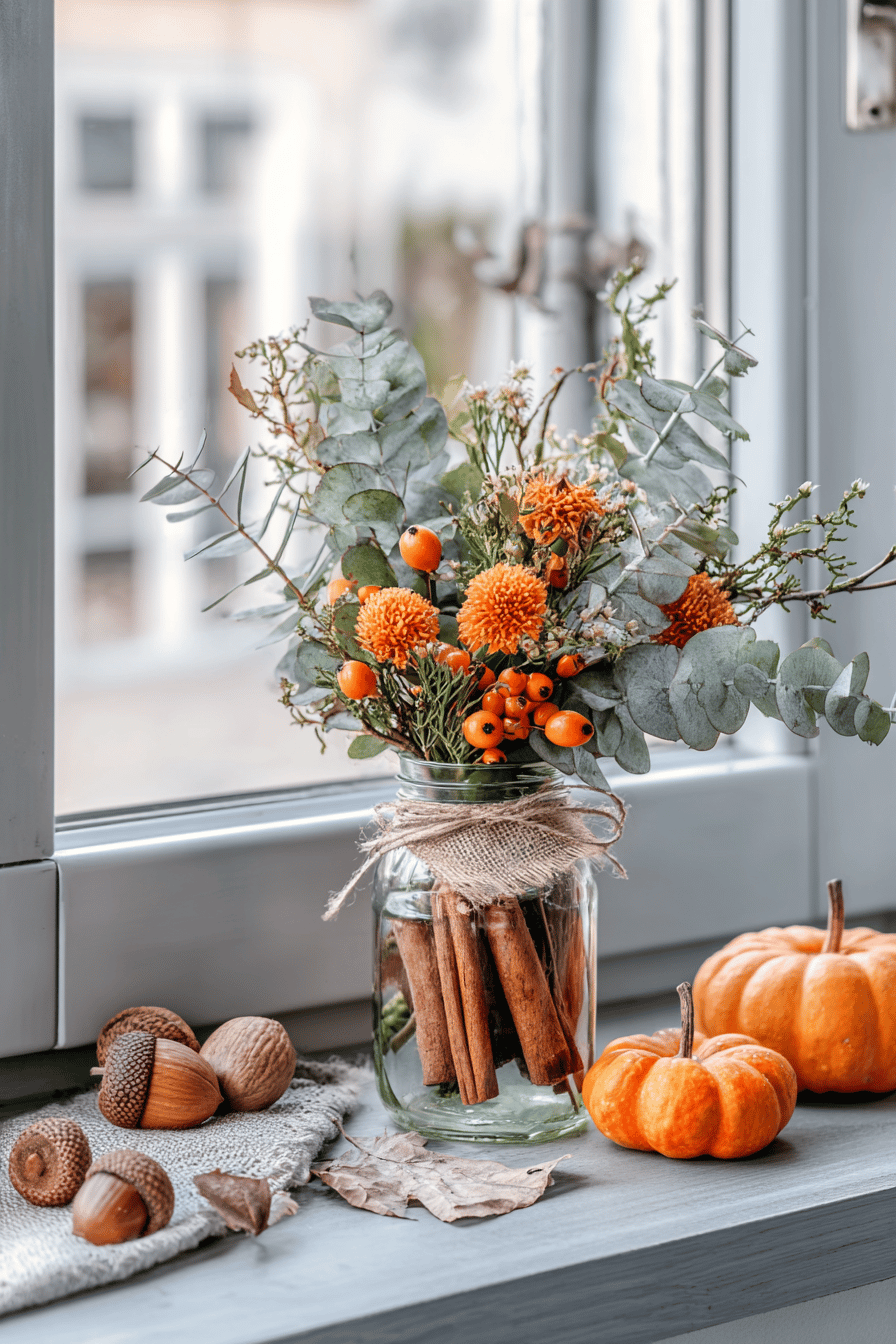 Herbstliches Arrangement auf einer Fensterbank mit Zimtstangen, orangefarbenen Blumen, Eukalyptuszweigen, Kürbissen und Eicheln.