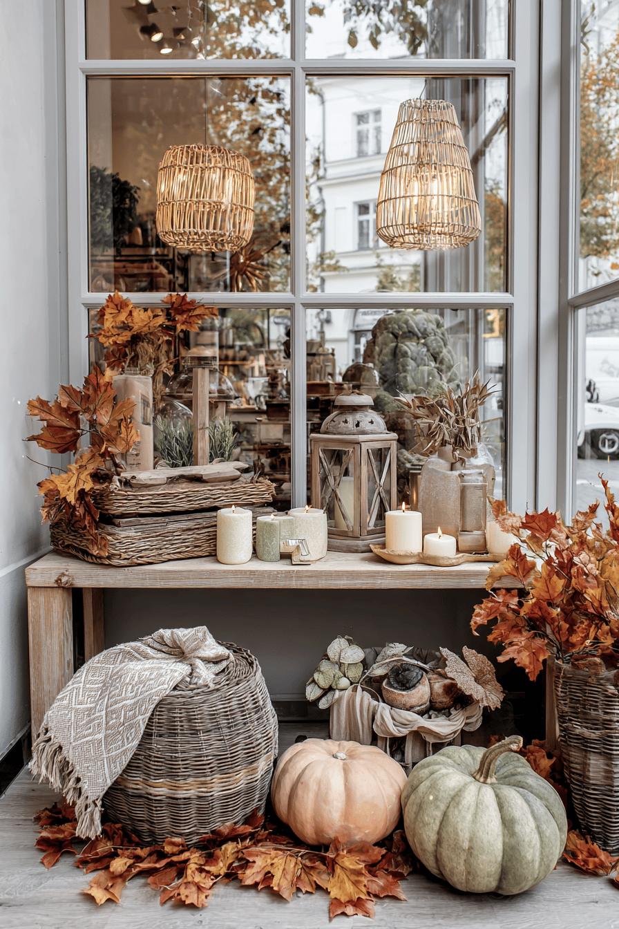 Herbstliche Schaufensterdekoration mit Kürbissen, Herbstlaub und Vintage-Laternen.