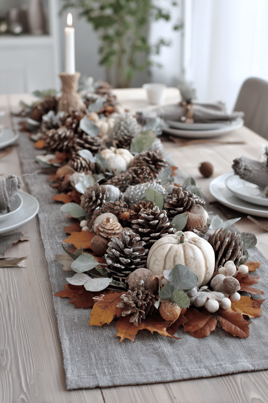 Ein Tischläufer aus Blättern mit Kürbissen und Zapfen.