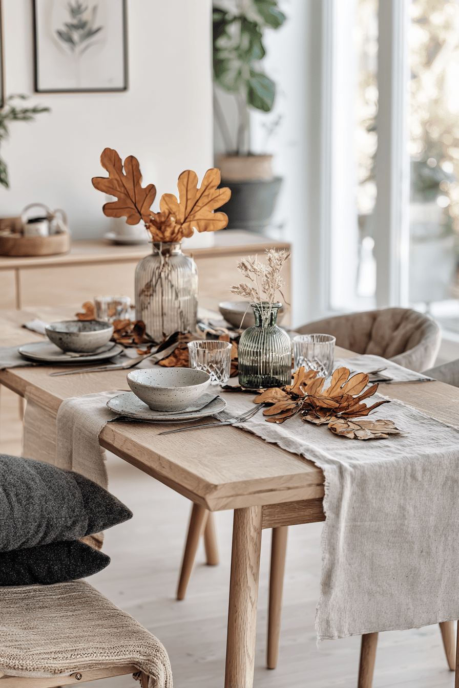 Ein stilvoller Tisch mit einem Boho-Tischläufer, herbstlichen Dekoelementen und Keramikgeschirr.