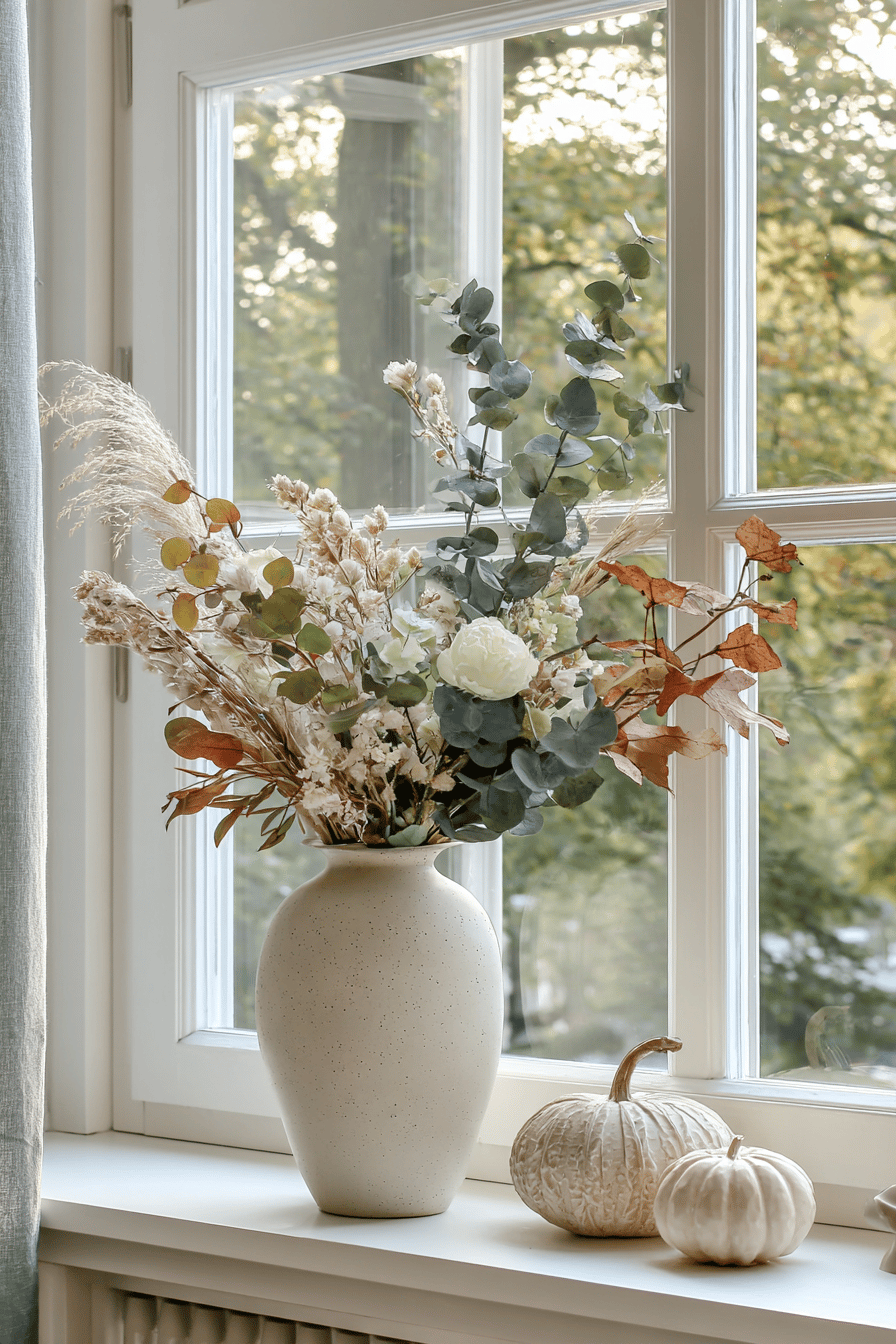 Vase mit getrockneten Pflanzen und Kürbissen auf der Fensterbank.