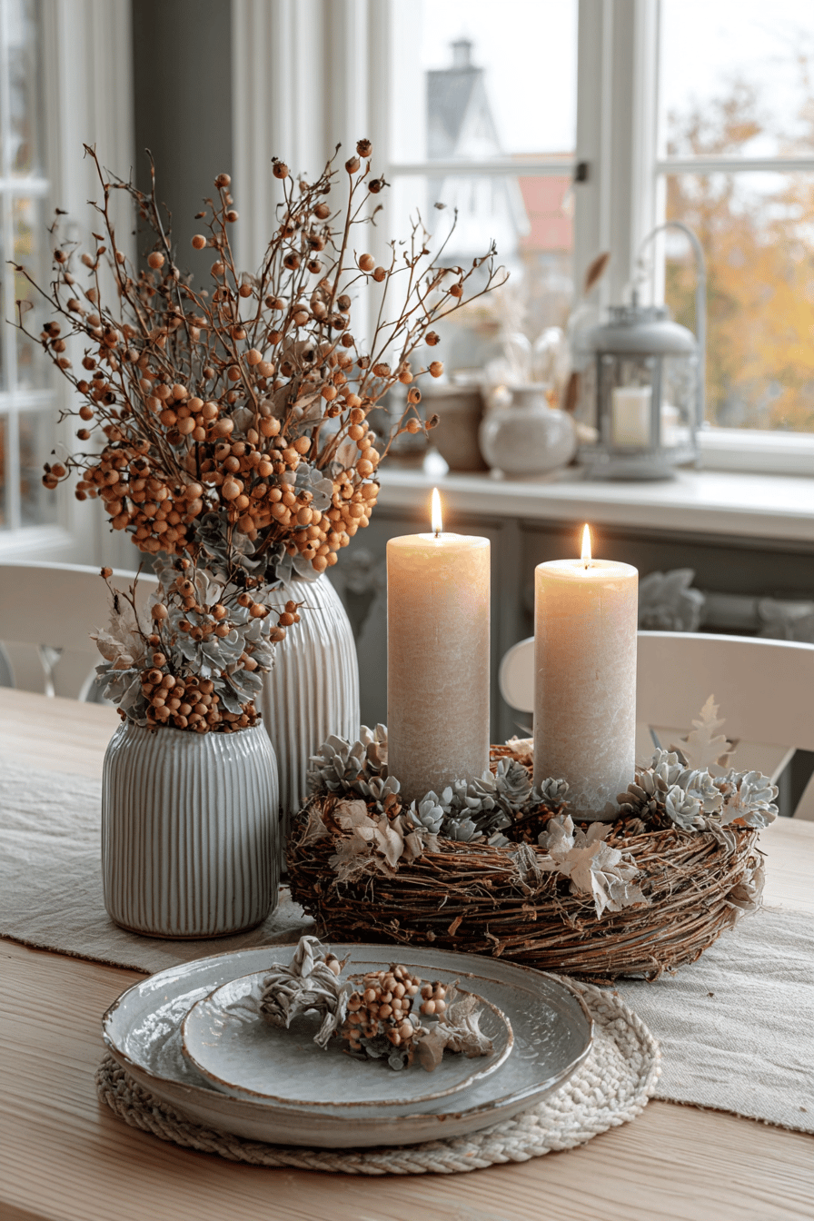 Herbstliches Tischgesteck mit Hagebutten in Vasen und brennenden Kerzen auf einem Tisch.