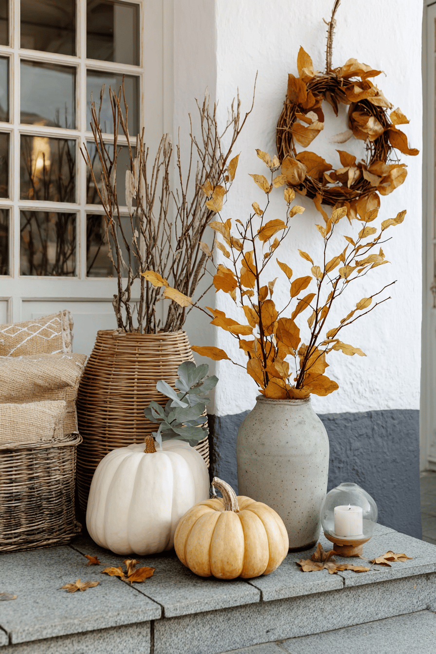 Herbstdeko mit Kürbissen, Vasen und einem Kranz.