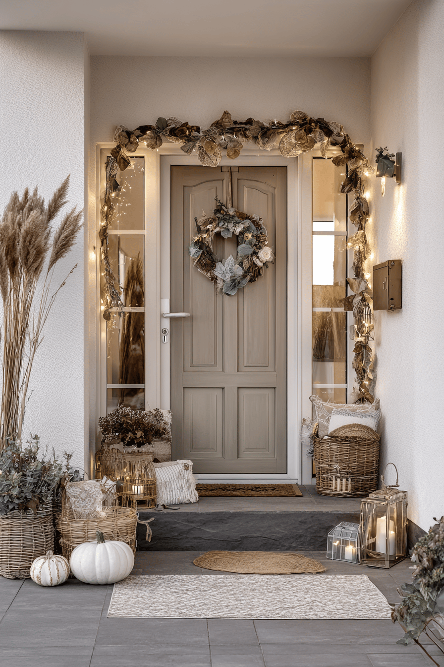 Eine herbstlich dekorierte Haustür mit Lichterketten und Naturmaterialien.