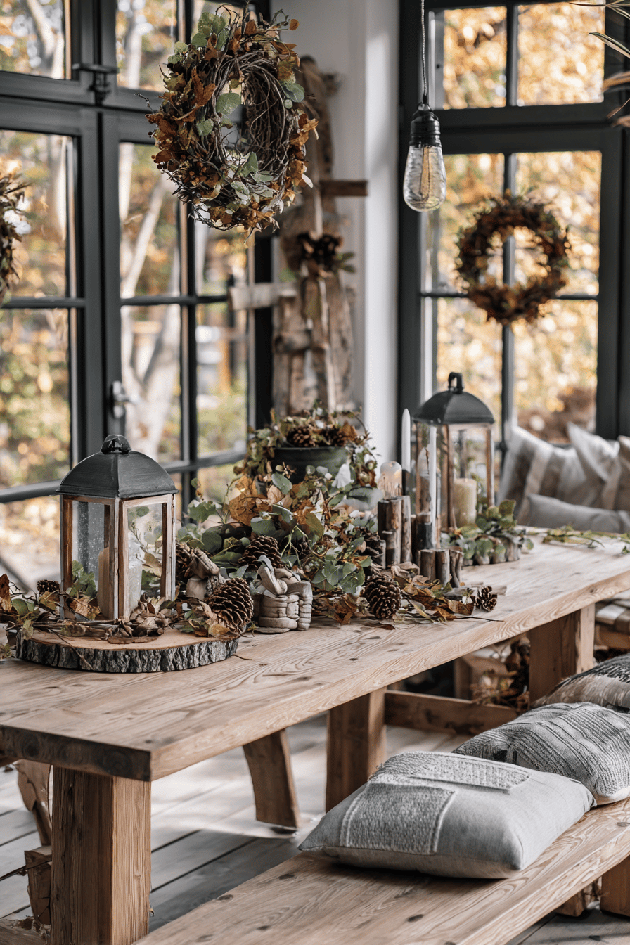 Rustikaler Holztisch mit herbstlicher Dekoration, wie Kränzen und Laternen.