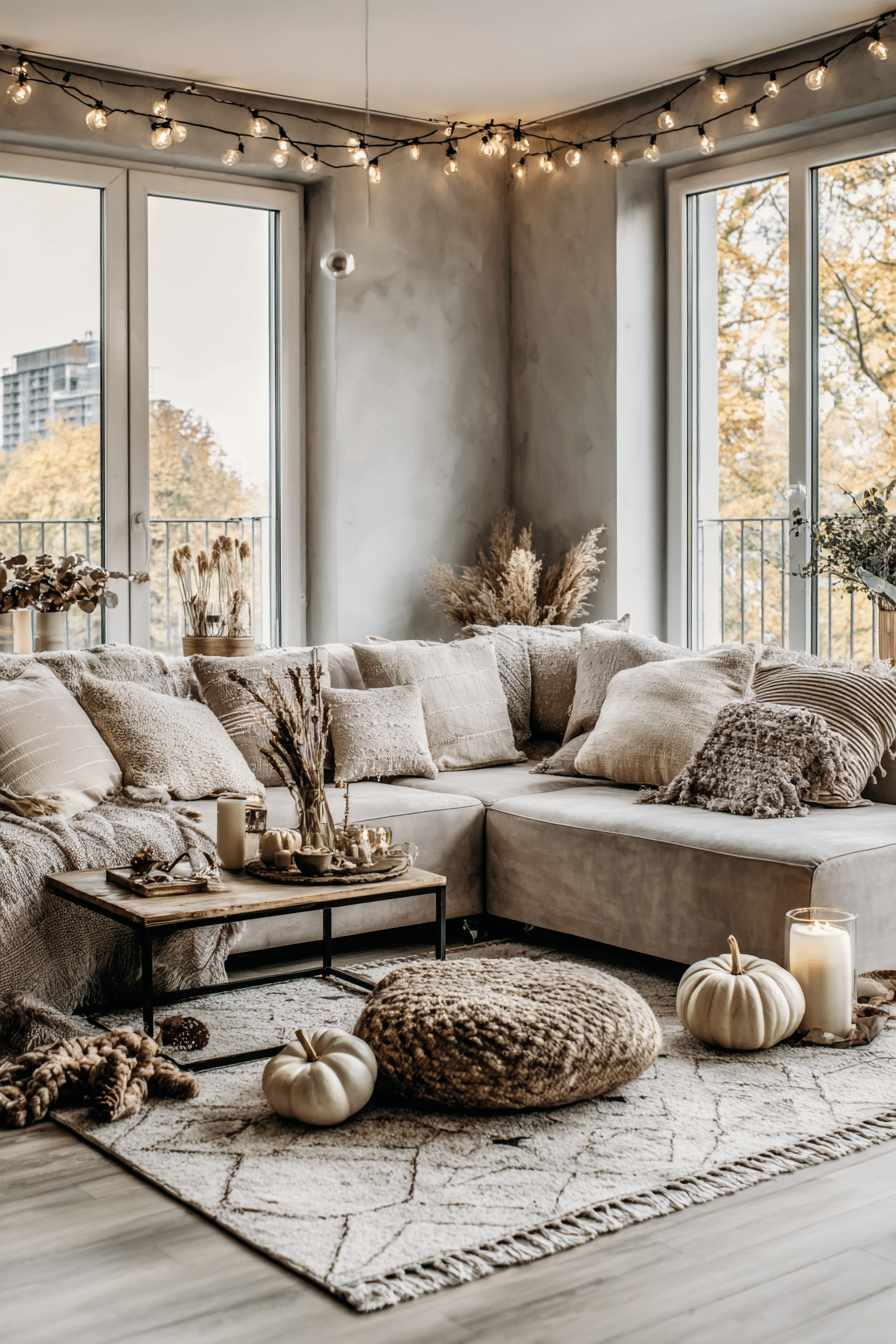 Gemütliches Wohnzimmer mit Lichterketten, herbstlicher Dekoration und kuscheligen Kissen auf dem Sofa.