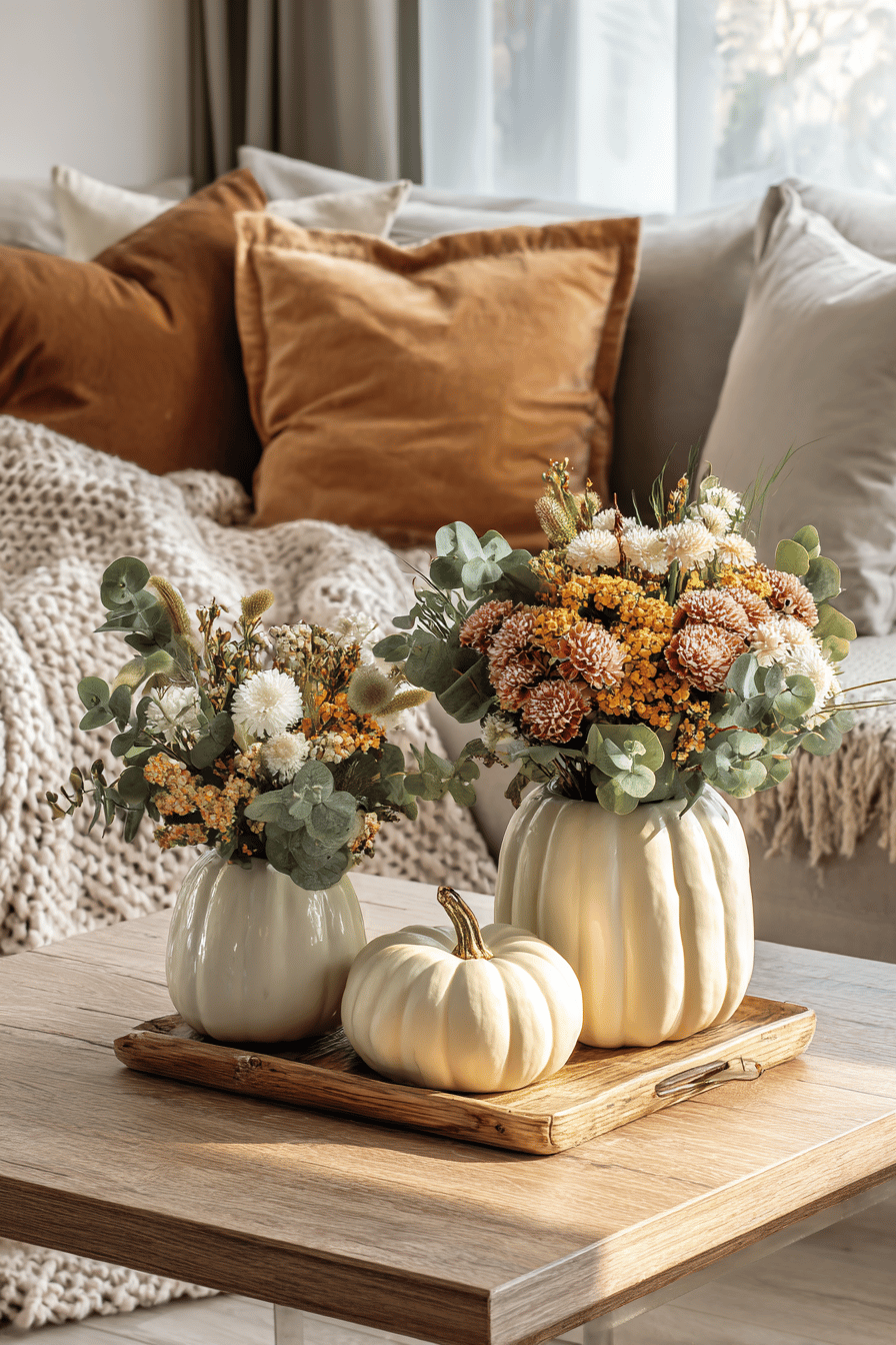 Kürbisvasen mit Herbstblumen auf einem Holztisch, umgeben von warmen Decken und Kissen.