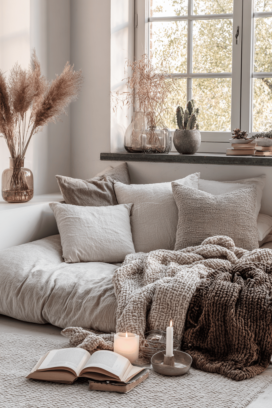 Kuschelige Sitzecke mit Kissen, Decken in Erdtönen und natürlichen Dekoelementen am Fenster.