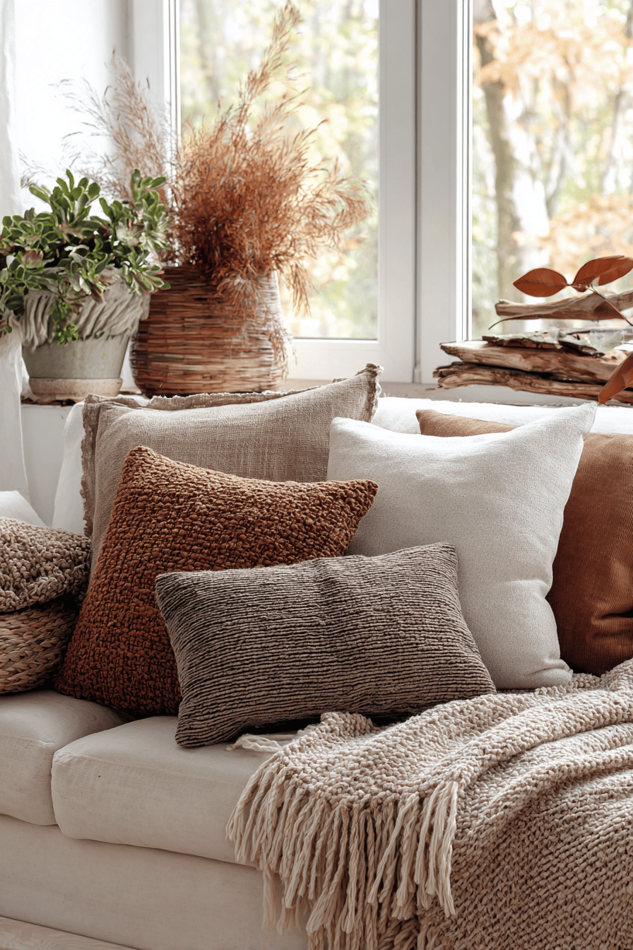 Gemütliche Sofa-Ecke mit Kissen und Decken in warmen Erdtönen.