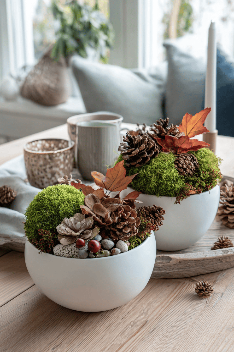 Moos-Arrangements mit Zapfen und bunten Blättern in weißen Schalen.