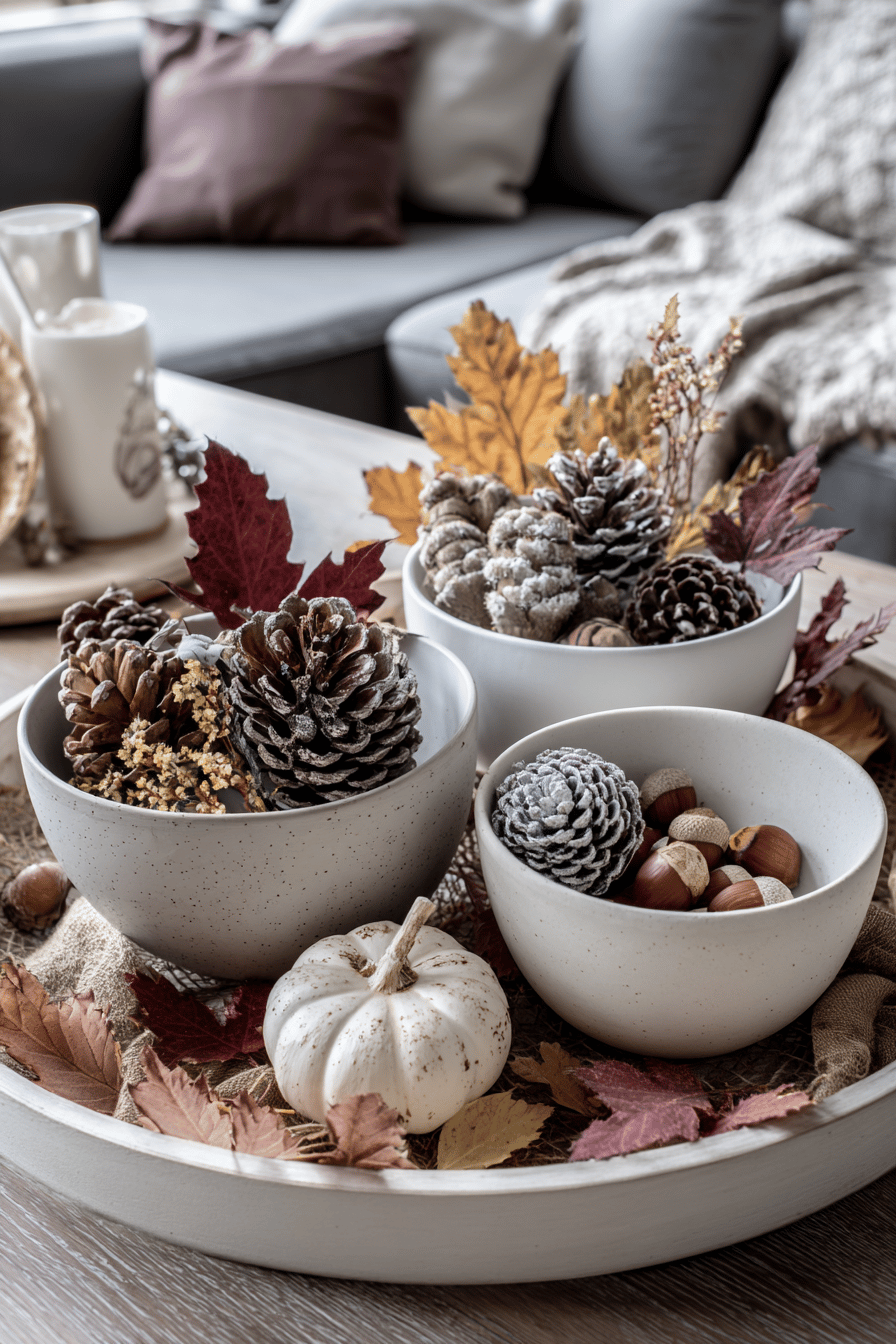 Ein Tablett mit herbstlicher Dekoration: Schalen mit Tannenzapfen, Blättern und Mini-Kürbis.