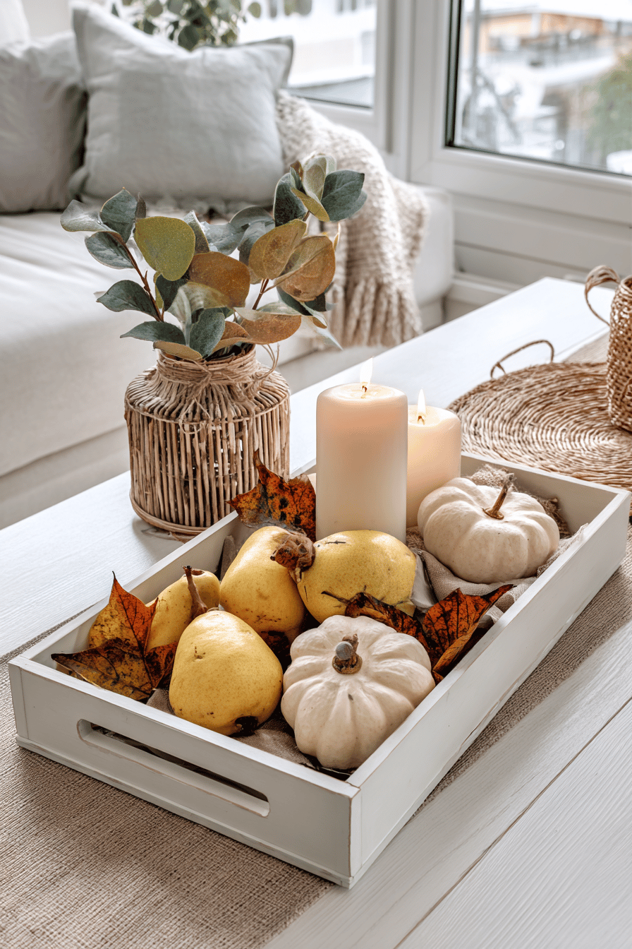 Ein dekoratives Tablett mit Kerzen, Quitten, kleinen Kürbissen und Herbstlaub.