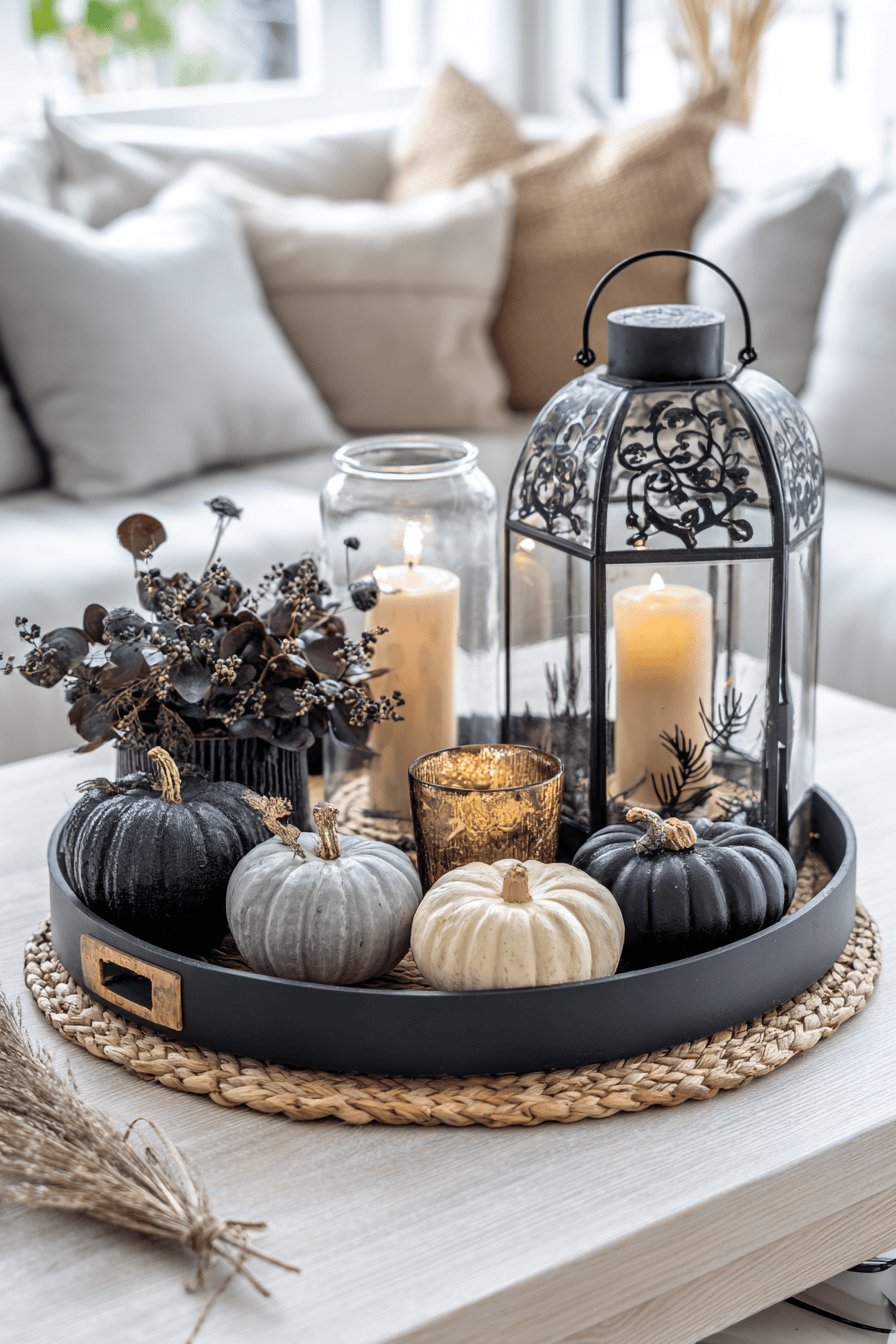 Ein dekoratives herbstliches Tablett mit kleinen Kürbissen, Kerzen und einer Laterne auf einem Tisch.