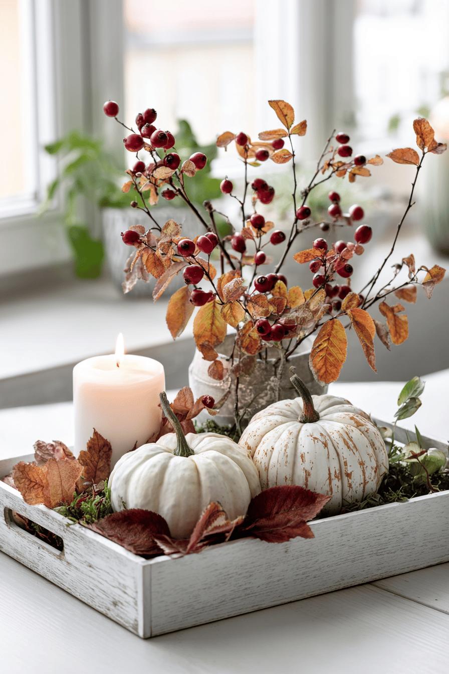 Ein dekoratives Tablett mit weißen Kürbissen, Beerenzweigen und einer Kerze als herbstliches Arrangement.