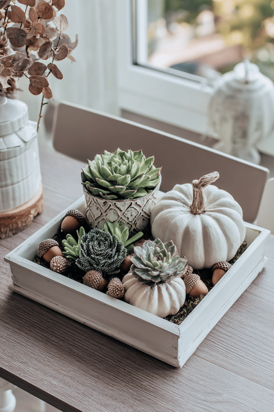Ein herbstlich dekoriertes Tablett mit Sukkulenten, Kürbissen und Eicheln.