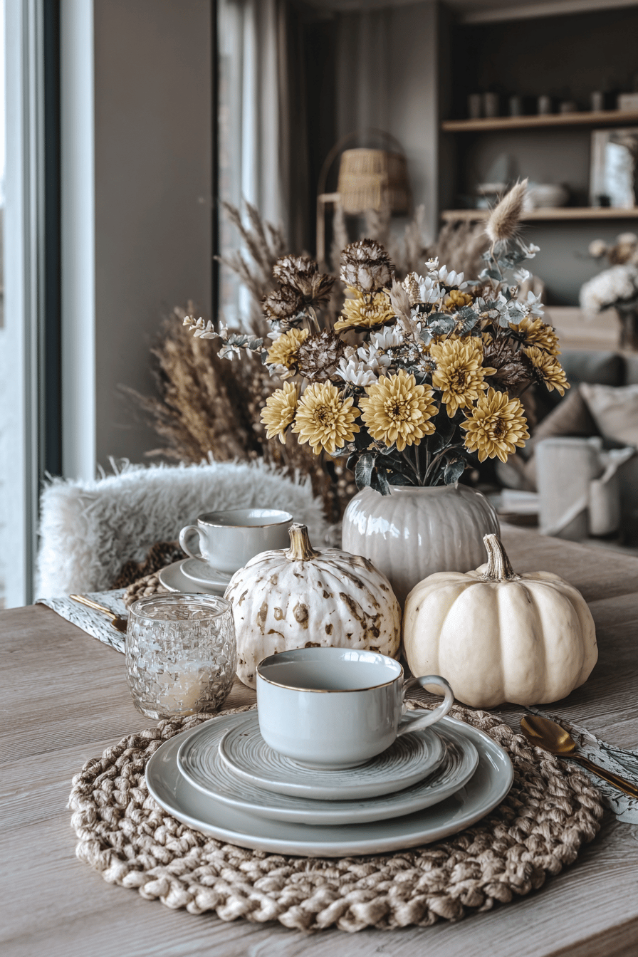 Ein herbstlich dekorierter Tisch mit Kürbissen, Blumensträußen und Keramikgeschirr.