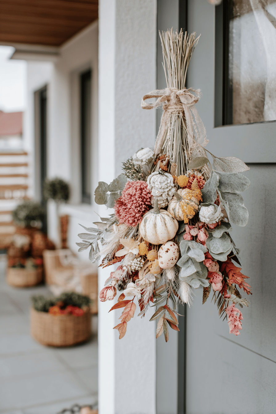Ein rustikaler Türkranz aus Trockenblumen und kleinen Kürbissen.