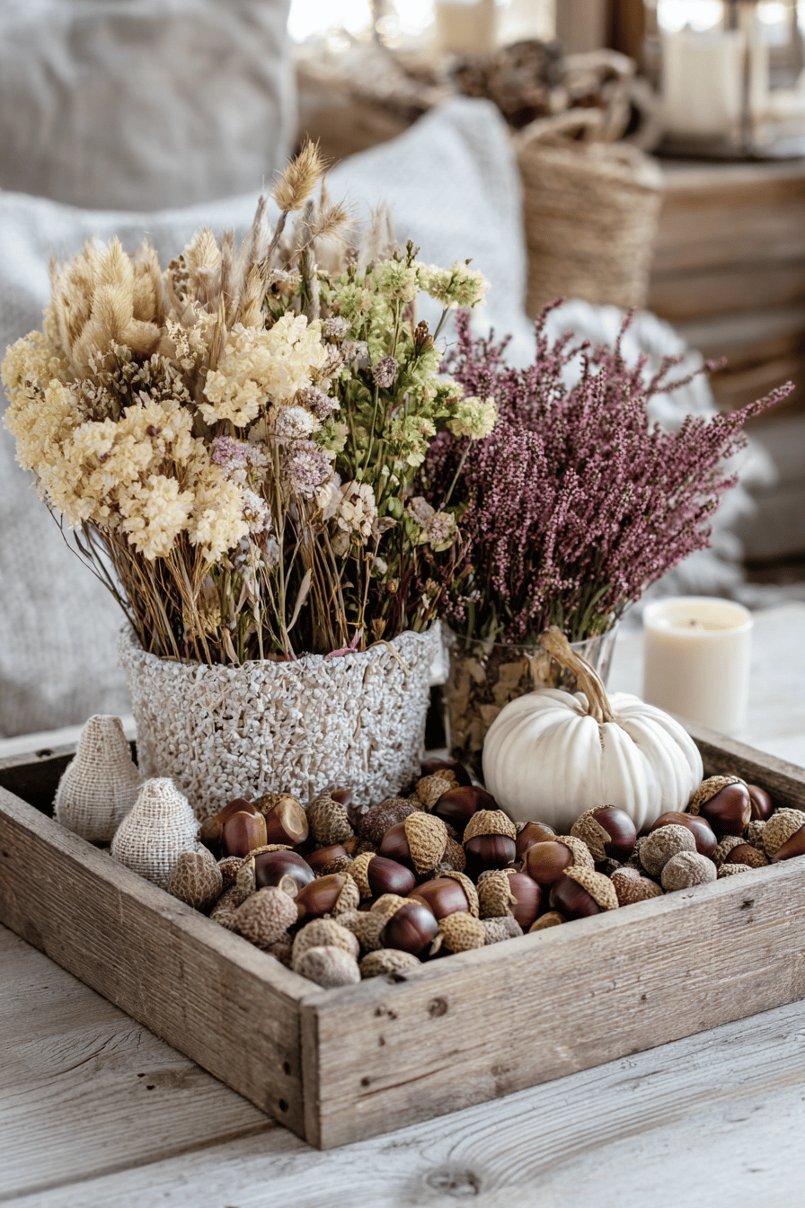 Ein rustikales Holztablett mit Trockenblumen, Eicheln und einer weißen Kürbisdeko in warmen Herbsttönen.