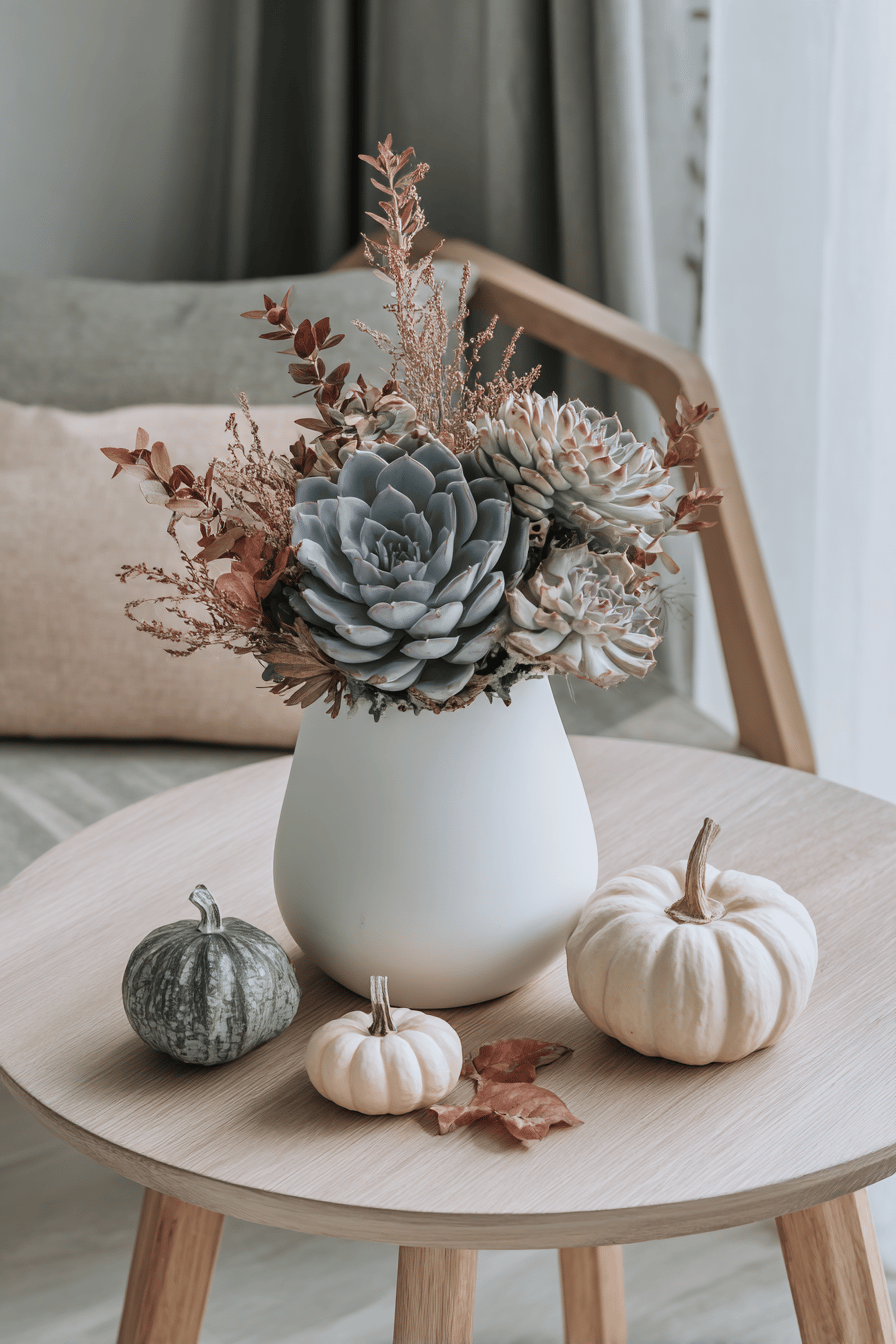 Moderne Vase mit Sukkulenten und herbstlichen Dekoelementen auf einem Tisch.