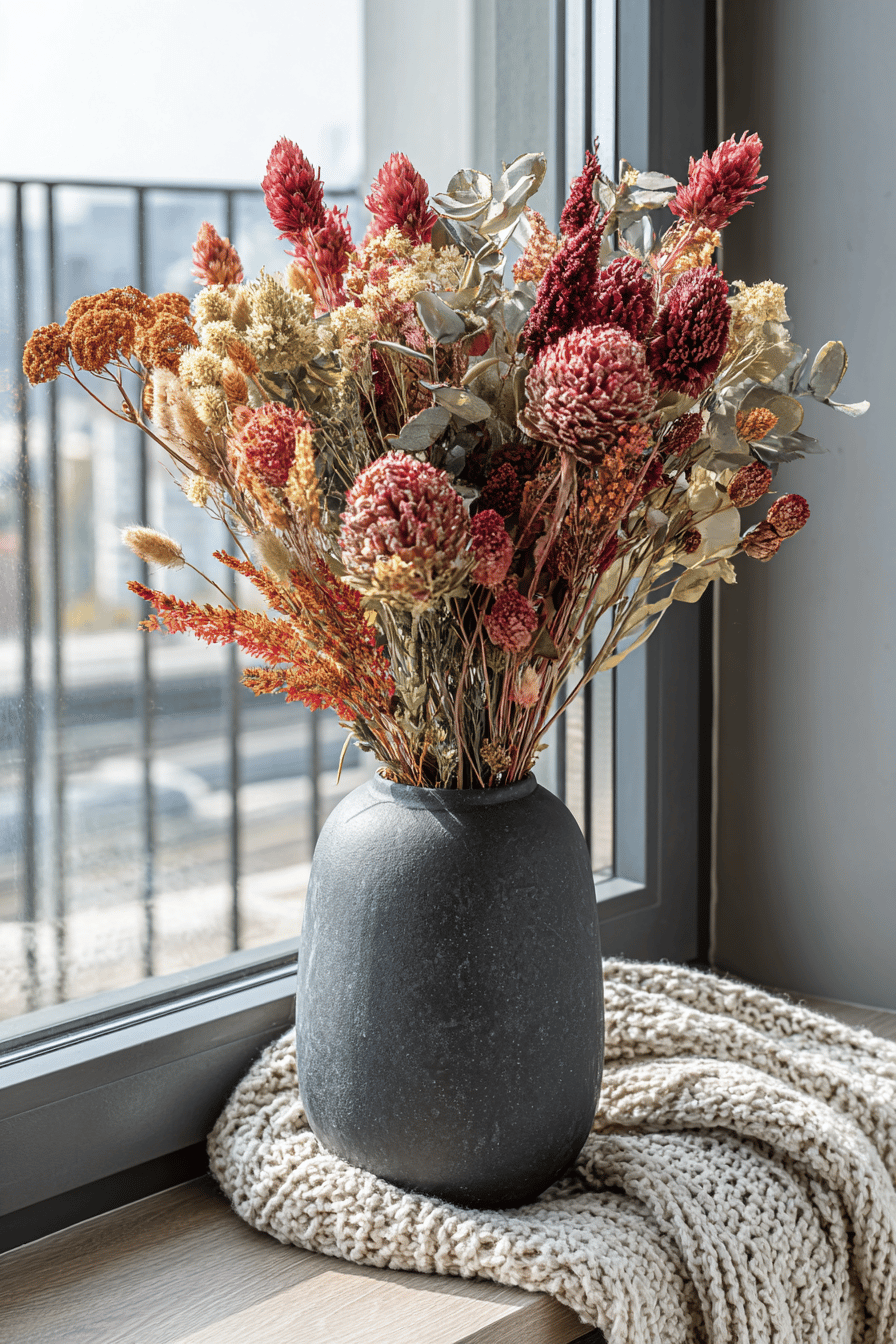 Eine moderne Vase mit Trockenblumen in warmen Herbsttönen steht auf einem Fensterbrett, umgeben von einem beigen Strickdekor.