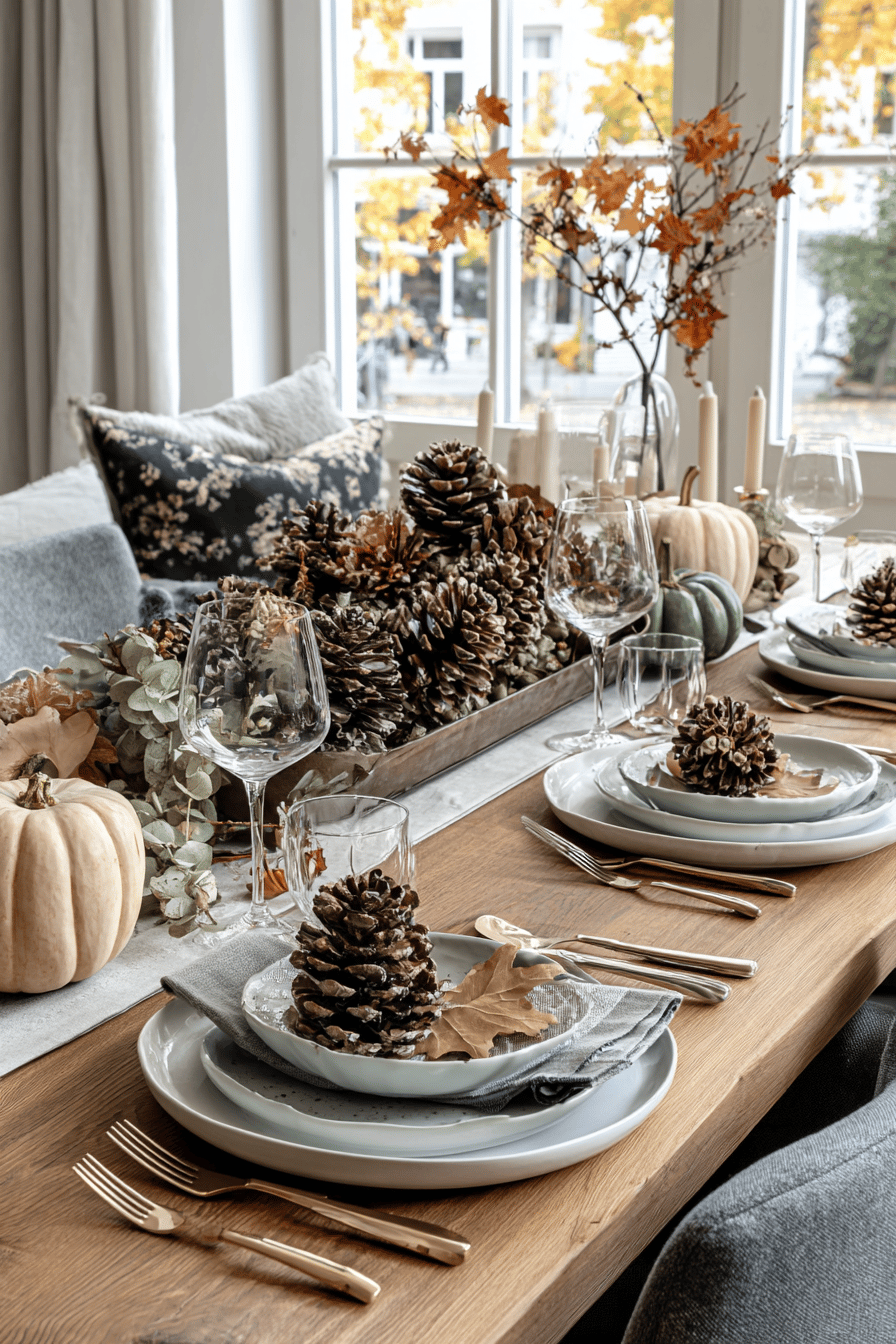 Ein herbstlich dekorierter Esstisch mit Kürbissen, Tannenzapfen und Herbstblättern.