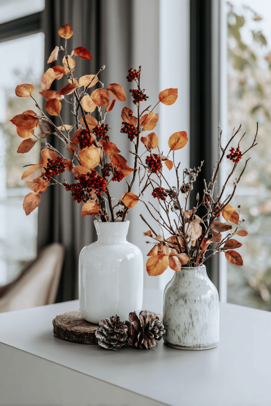 Herbstliches Arrangement mit bunten Blättern und Beeren in Vasen auf einem Tisch.