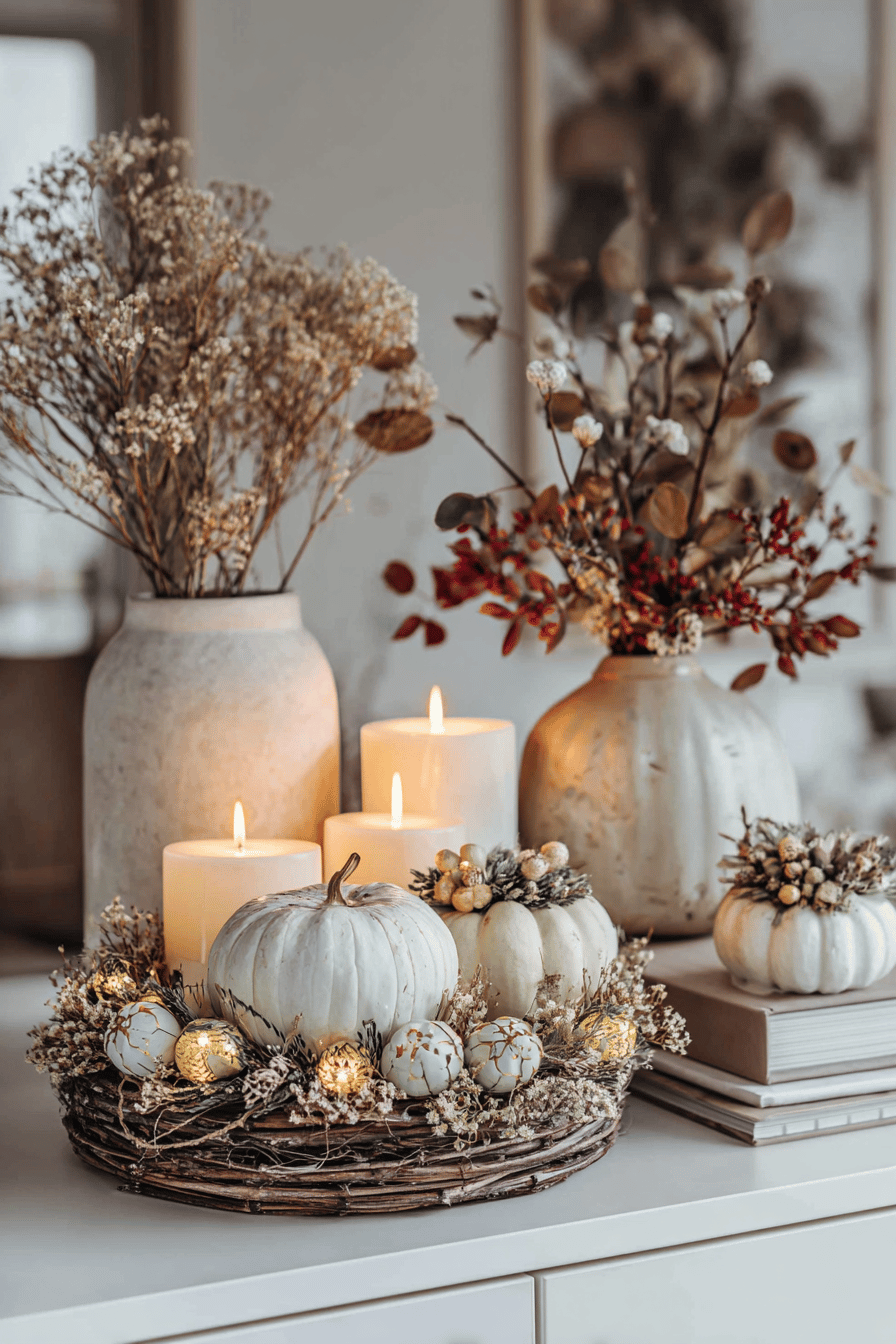 Herbstliches Arrangement mit weißen Kürbissen, Kerzen und getrockneten Blumen.