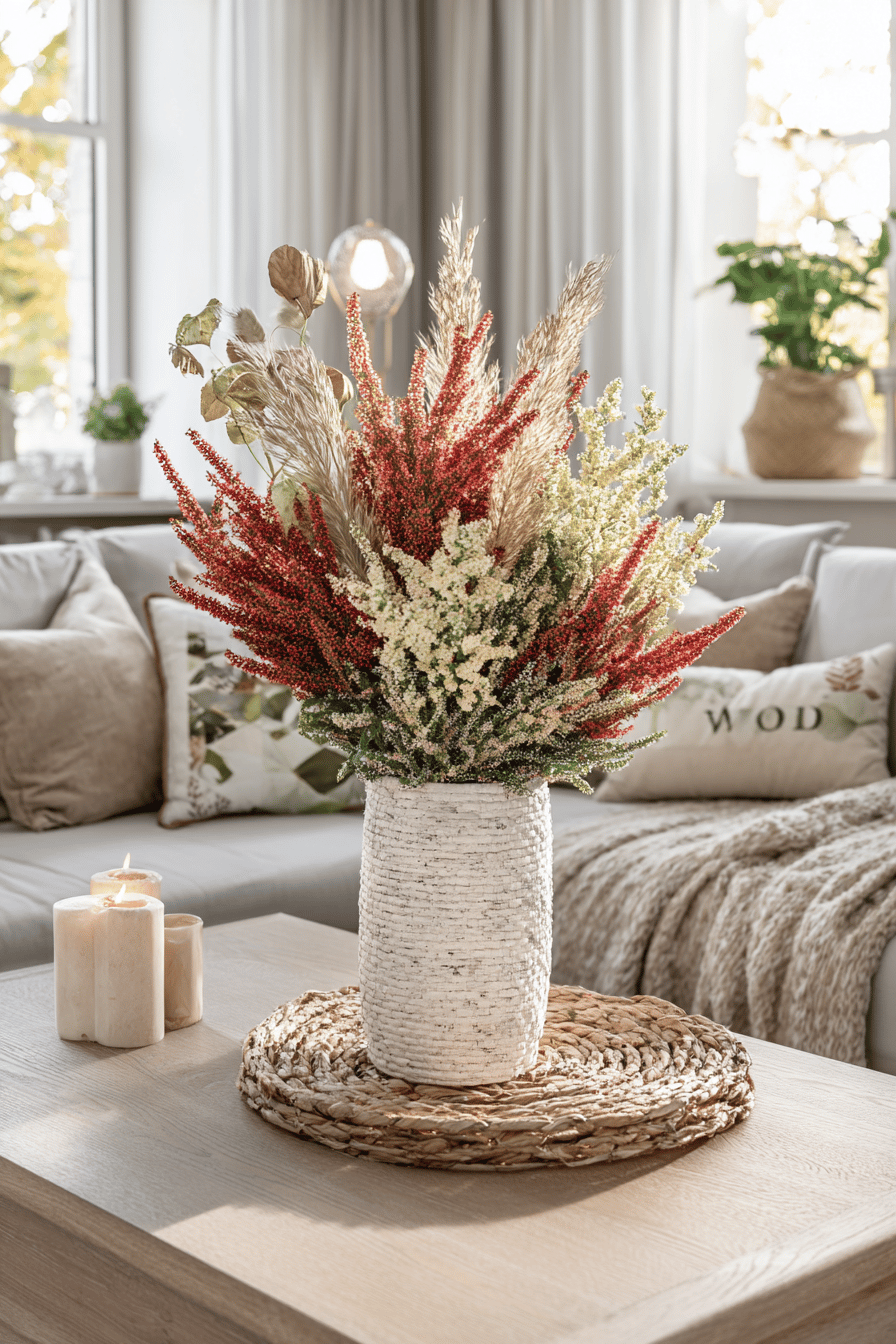 Ein stilvolles Blumengesteck aus duftendem Heidekraut in einer Vase auf einem Wohnzimmertisch, umgeben von gemütlichen Dekorelementen.