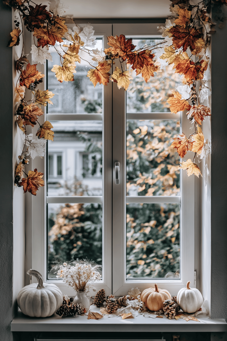Fenster dekoriert mit bunten Herbstblättern, Kürbissen und Zapfen.