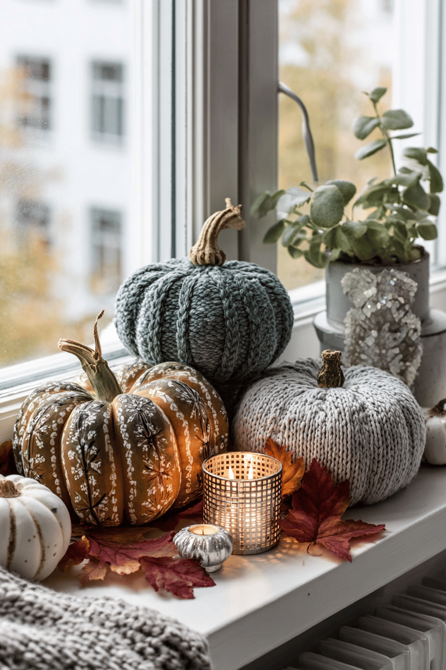 Kürbisse mit gestrickten Texturen und verzierten Details auf einer Fensterbank, umgeben von Herbstblättern und Kerzen.