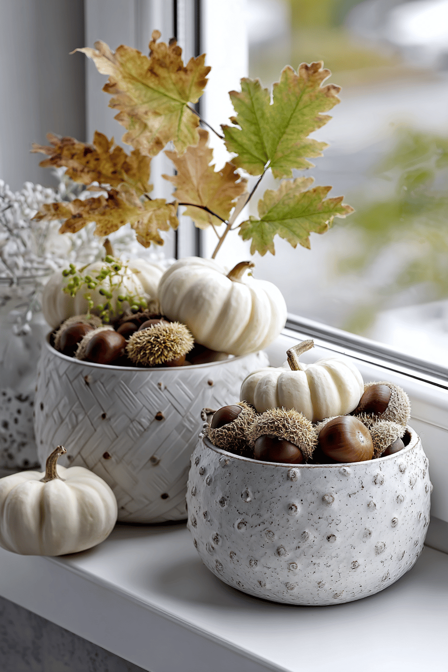Dekorative Schüsseln mit Kastanien, Eicheln und kleinen weißen Kürbissen auf einer Fensterbank.