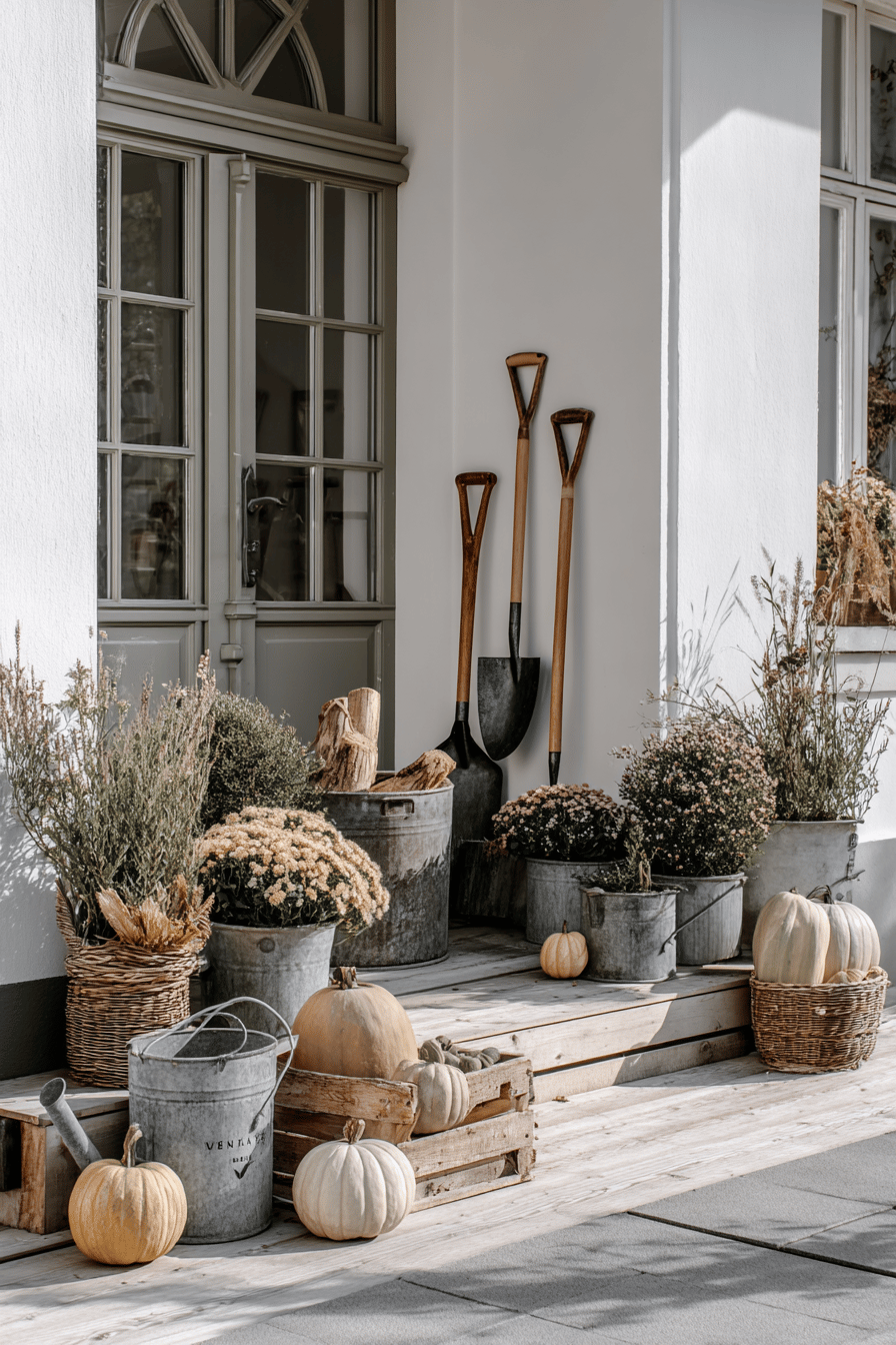 Hauseingang mit herbstlicher Dekoration aus alten Gartengeräten, Kürbissen und Pflanzen.