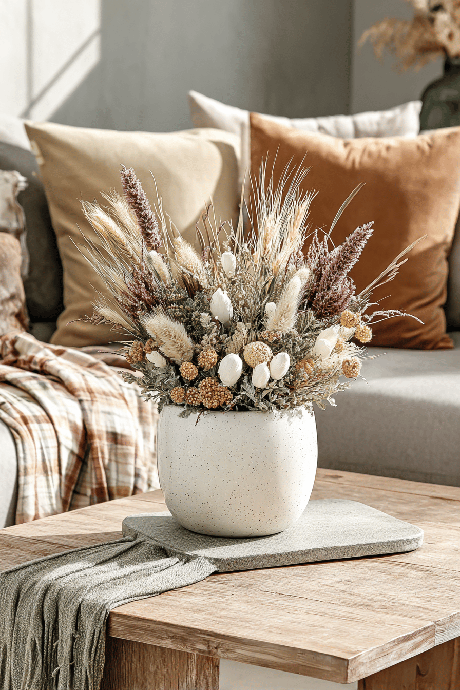 Ein stilvolles Gesteck aus Trockenblumen und Getreide in einem weißen Topf, umgeben von herbstlichen Dekorationselementen im Wohnzimmer.