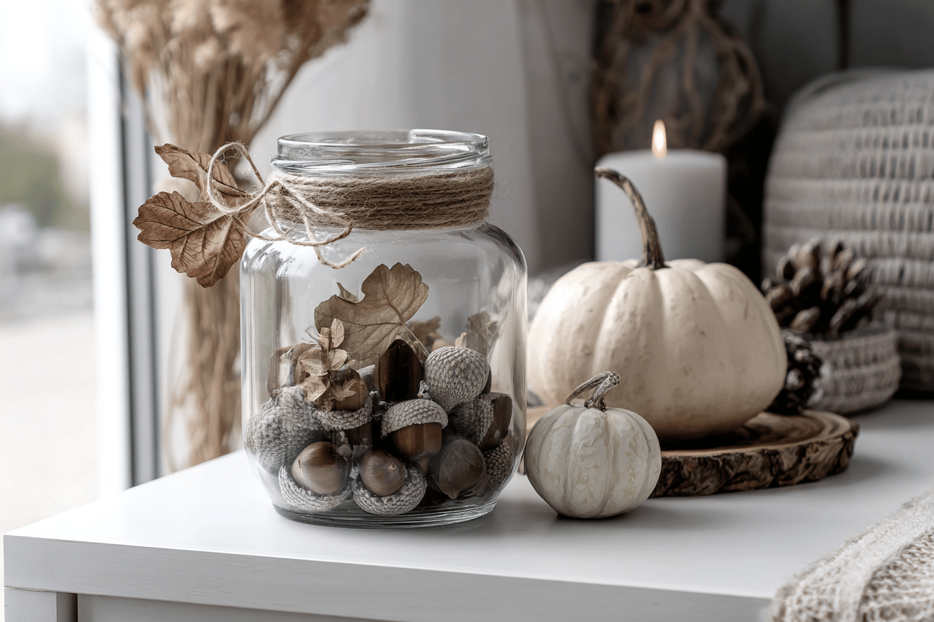 Herbstdekoration mit Kürbis und Glas voller Nüsse.