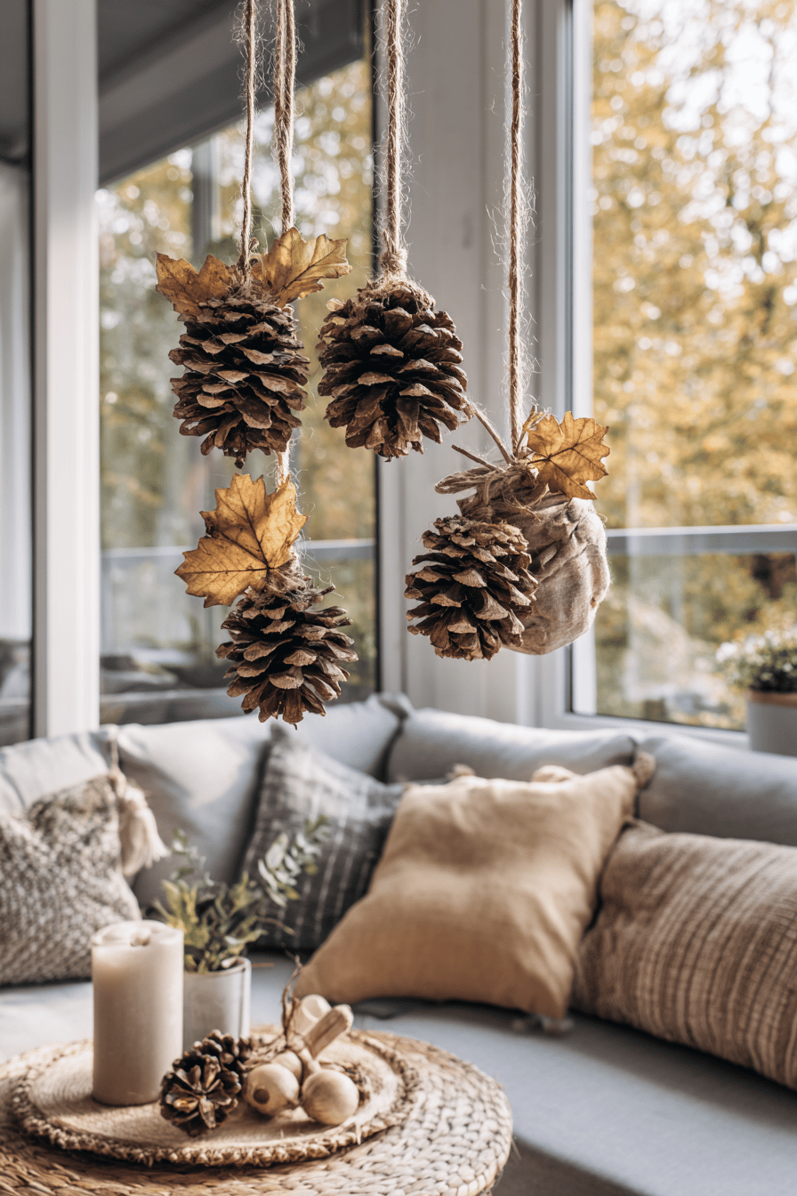 Hängende Tannenzapfen mit Herbstblättern an einer Schnur über einem gemütlichen Sofa.