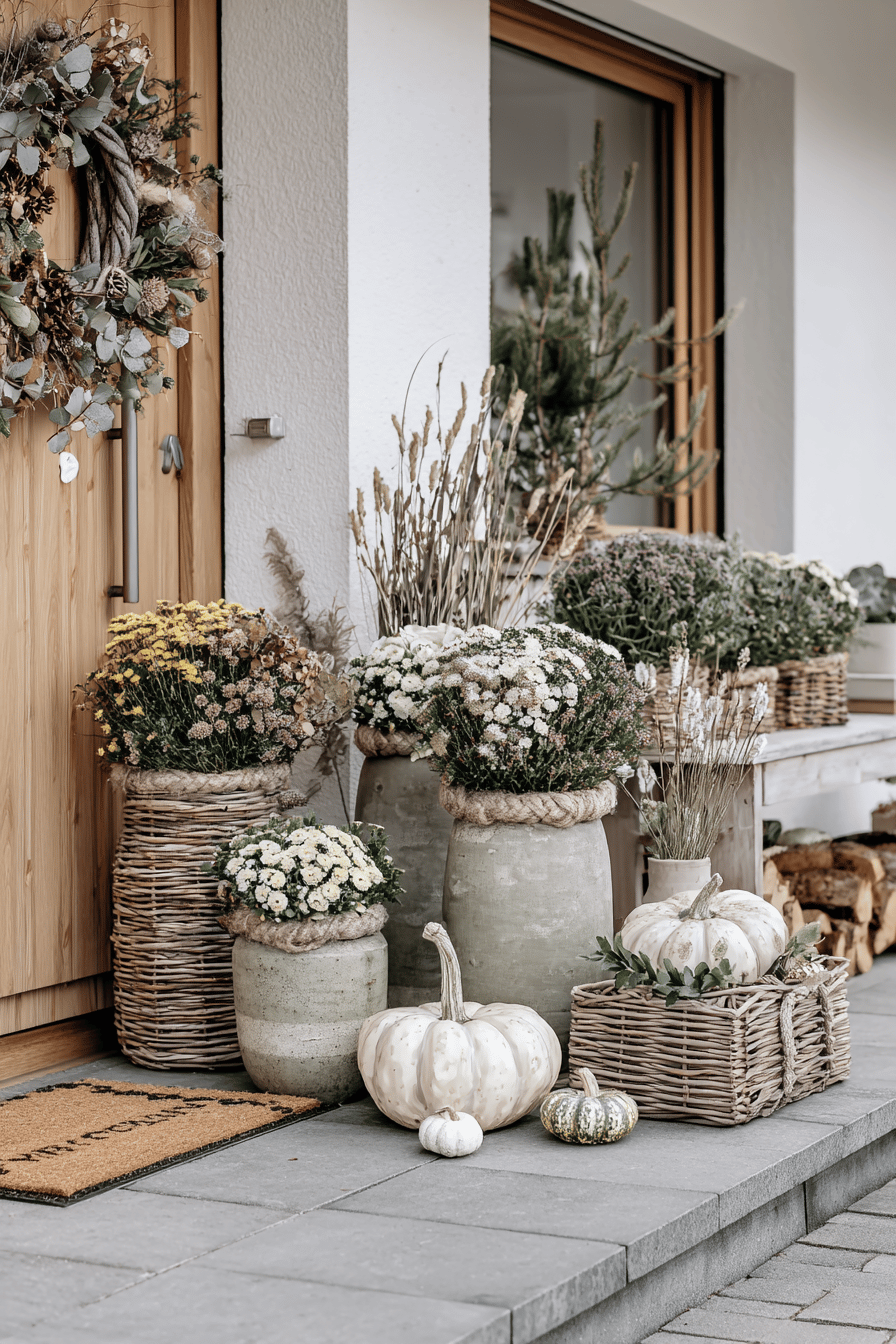 Ein Hauseingang mit Blumentöpfen und Kürbissen in warmen Herbstfarben.