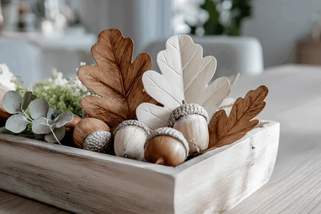 Herbstliche Deko mit Eicheln und Blättern in Holzschale