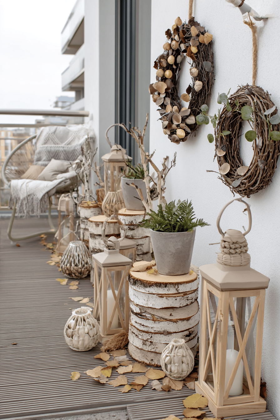 Ein herbstlich dekorierter Balkon mit Holzornamenten, Laternen und Kränzen.