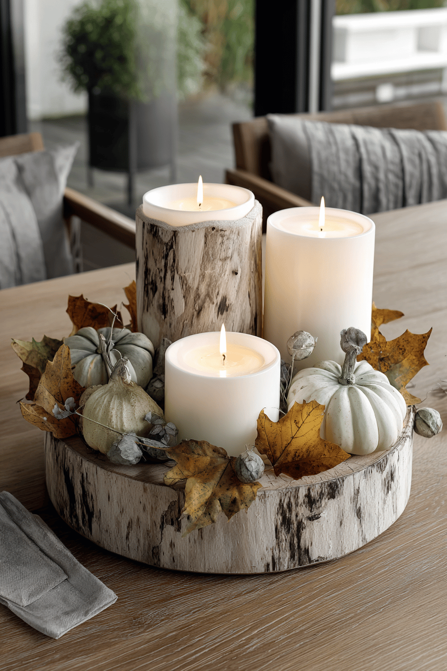 Kerzenhalter aus Baumstamm mit weißen Kerzen und herbstlicher Dekoration auf einem Tisch.