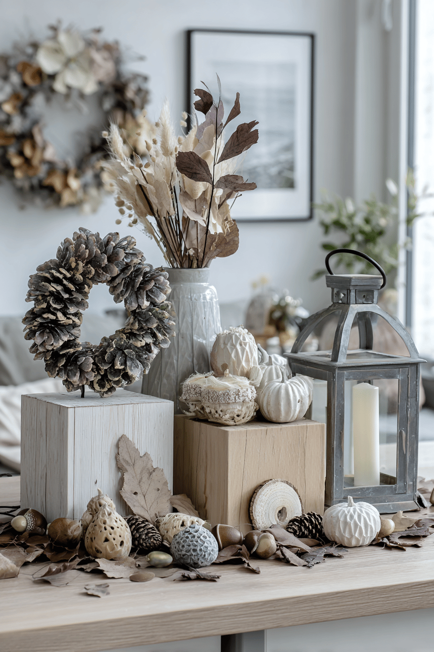 Herbstliche Dekoration mit Holzblöcken, Zapfenkranz und einer Laterne.